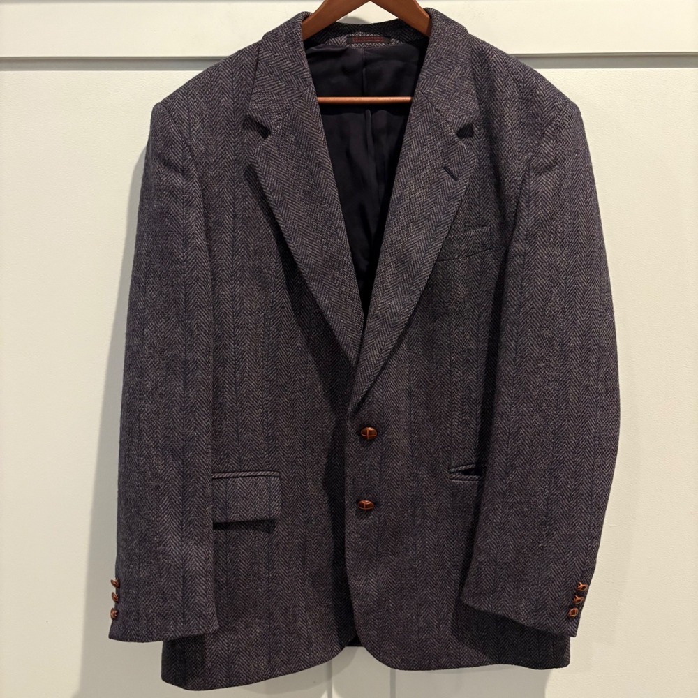 Vtg Brookcraft Wool Herringbone Tweed Blazer Men 42R Blue Leather Buttons Poland